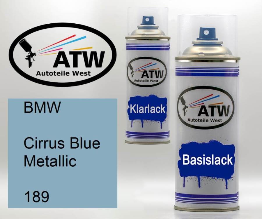 BMW, Cirrus Blue Metallic, 189: 400ml Sprühdose + 400ml Klarlack - Set, von ATW Autoteile West.